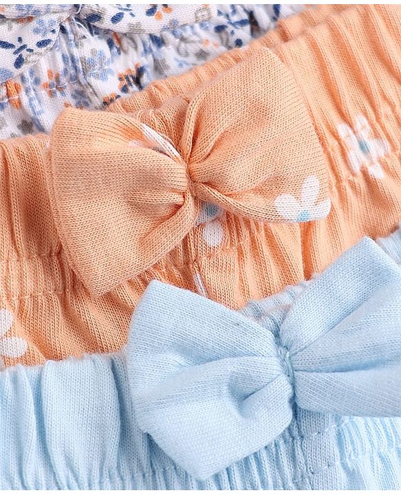 Babyhug 100% Cotton Jersey Knit Mid Thigh Shorts With Floral & Text Print Pack of 3 - White, Peach & Light Blue