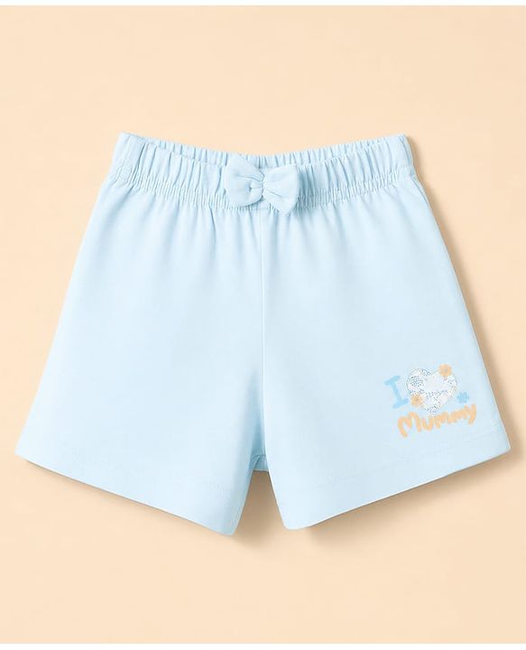 Babyhug 100% Cotton Jersey Knit Mid Thigh Shorts With Floral & Text Print Pack of 3 - White, Peach & Light Blue