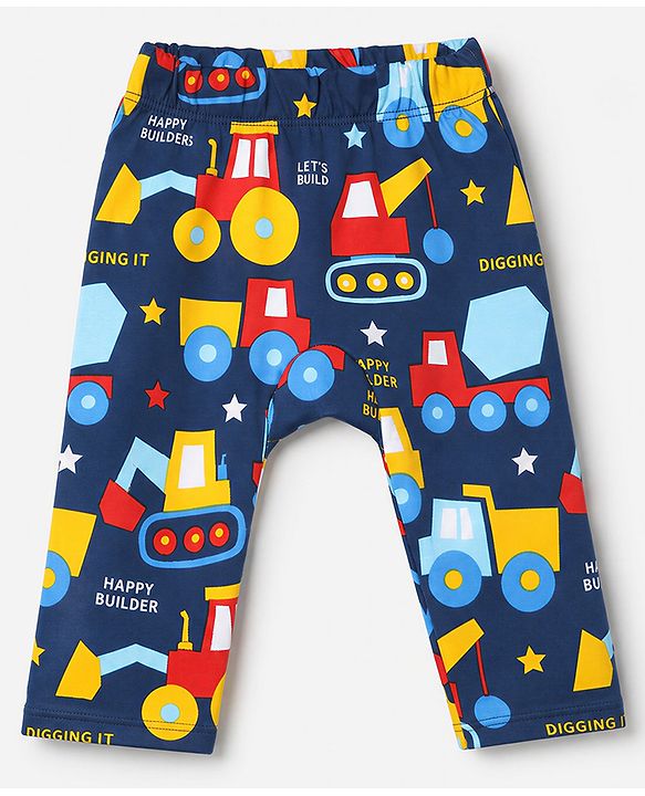Babyhug 100% Cotton Knit Full Length Striped & Costruction Vehicles Printed Diaper Leggings Pack Of 3 - Red Navy Blue & Yellow