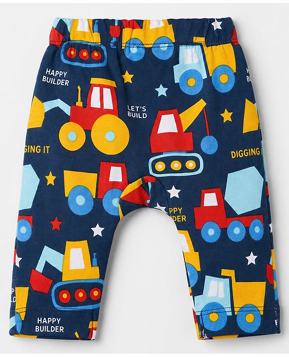 Babyhug 100% Cotton Knit Full Length Striped & Costruction Vehicles Printed Diaper Leggings Pack Of 3 - Red Navy Blue & Yellow