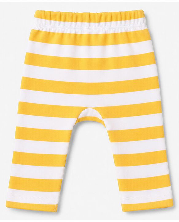 Babyhug 100% Cotton Knit Full Length Striped & Costruction Vehicles Printed Diaper Leggings Pack Of 3 - Red Navy Blue & Yellow