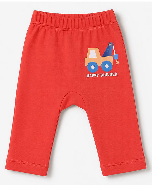 Babyhug 100% Cotton Knit Full Length Striped & Costruction Vehicles Printed Diaper Leggings Pack Of 3 - Red Navy Blue & Yellow