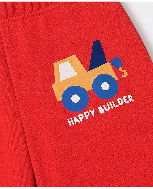 Babyhug 100% Cotton Knit Full Length Striped & Costruction Vehicles Printed Diaper Leggings Pack Of 3 - Red Navy Blue & Yellow