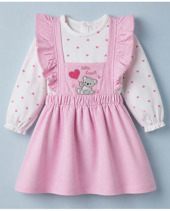 Babyhug Cotton Knit Frock with Inner Tee with Full Sleeves and Bear Patch & Text Embroidery in Pink