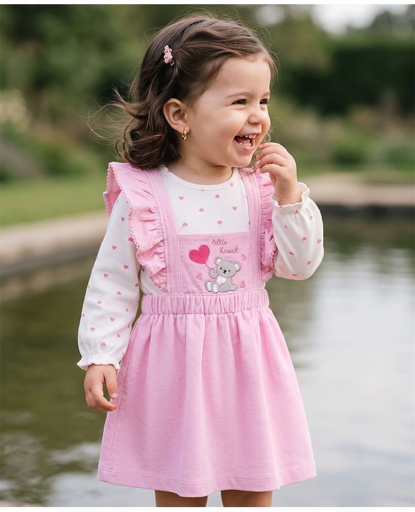 Babyhug Cotton Knit Frock with Inner Tee with Full Sleeves and Bear Patch & Text Embroidery in Pink