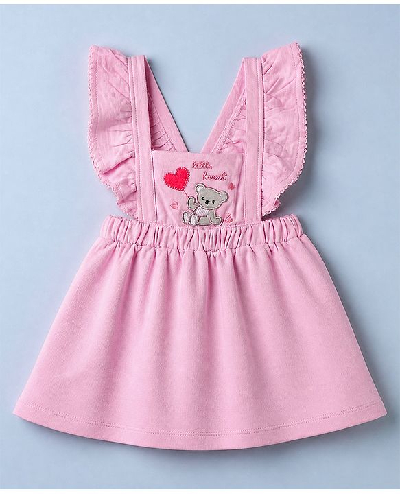 Babyhug Cotton Knit Frock with Inner Tee with Full Sleeves and Bear Patch & Text Embroidery in Pink