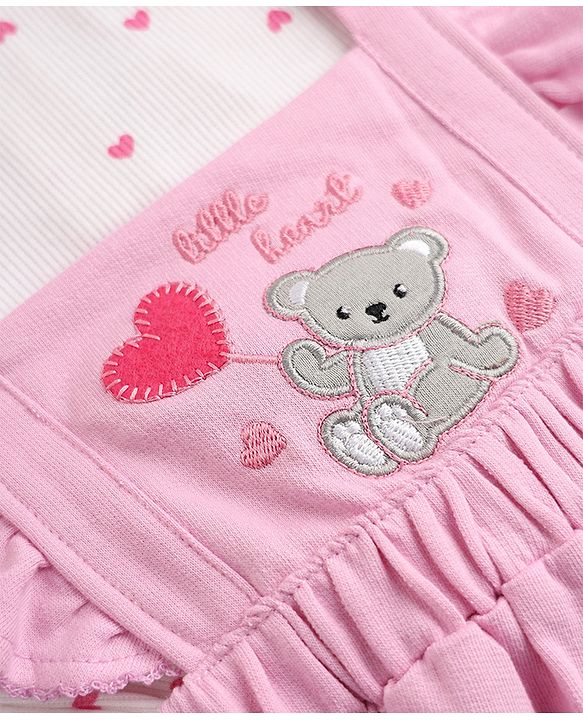 Babyhug Cotton Knit Frock with Inner Tee with Full Sleeves and Bear Patch & Text Embroidery in Pink