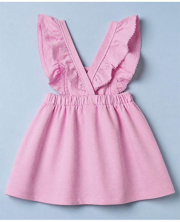 Babyhug Cotton Knit Frock with Inner Tee with Full Sleeves and Bear Patch & Text Embroidery in Pink