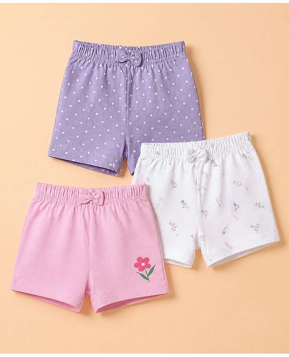 Babyhug 100% Cotton Jersey Knit Mid Thigh Floral & Polka Dots Printed Shorts With Bow Applique Pack Of 3 - Purple White & Pink