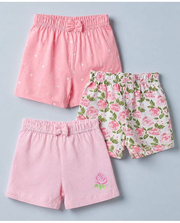 Babyhug Cotton Jersey Knit Mid Thigh Shorts With Floral & Heart Print Pack of 3 - Pink