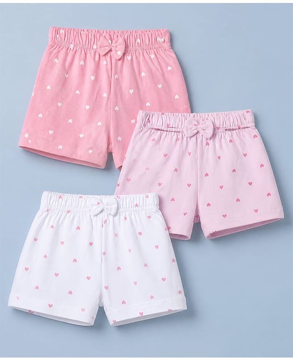 Babyhug 100% Cotton Jersey Knit Short with Heart Print in Pink & White Pack of 3