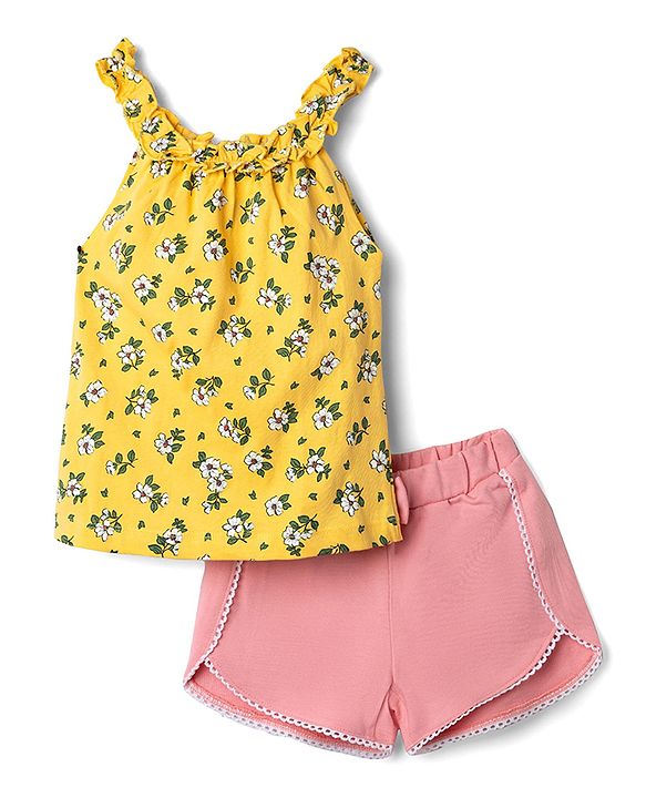 Babyhug 100% Cotton Single Jersey Knit Sleeveless Halter Neck Top & Shorts Set Floral Print - Yellow & Pink