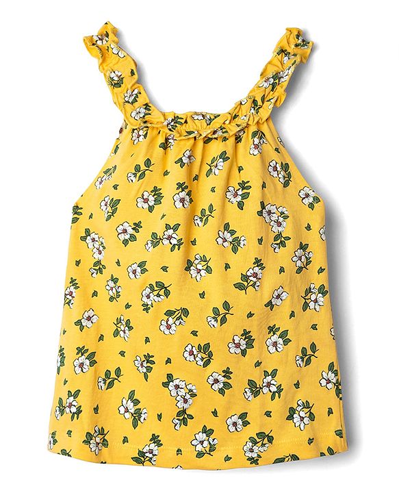 Babyhug 100% Cotton Single Jersey Knit Sleeveless Halter Neck Top & Shorts Set Floral Print - Yellow & Pink