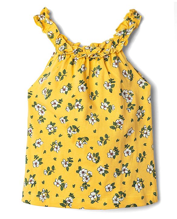 Babyhug 100% Cotton Single Jersey Knit Sleeveless Halter Neck Top & Shorts Set Floral Print - Yellow & Pink