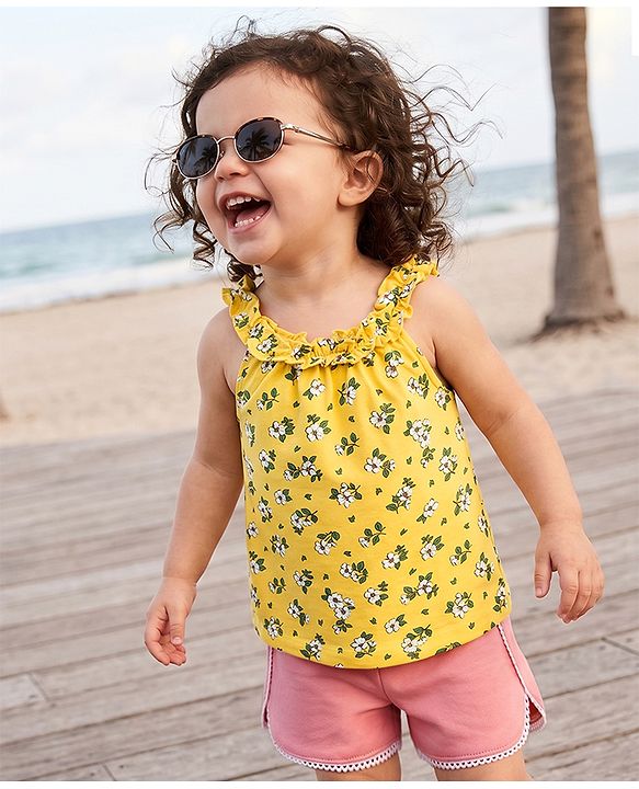 Babyhug 100% Cotton Single Jersey Knit Sleeveless Halter Neck Top & Shorts Set Floral Print - Yellow & Pink