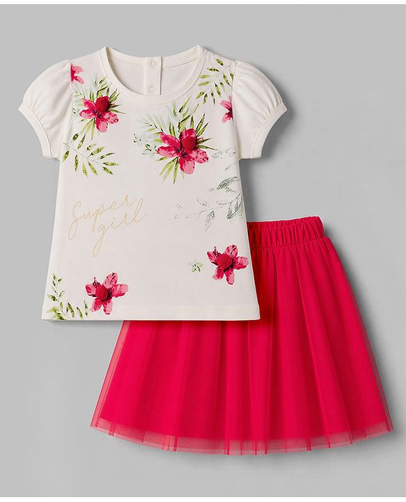 Babyhug Single Jersey Knit Half Sleeves Top & Pleated Skirt Set Floral Print - Off White & Red