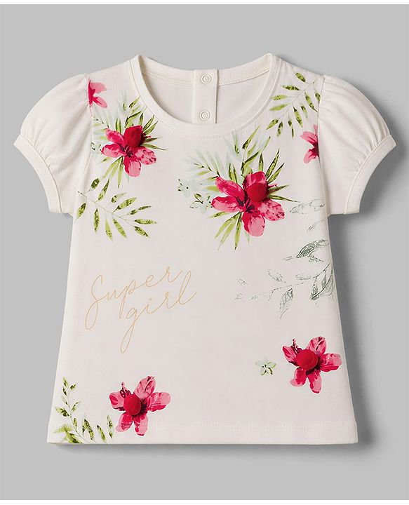Babyhug Single Jersey Knit Half Sleeves Top & Pleated Skirt Set Floral Print - Off White & Red