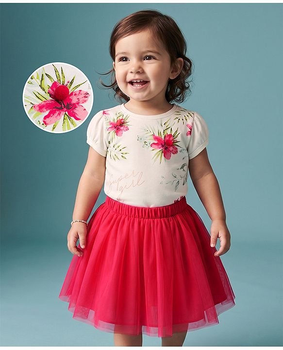 Babyhug Single Jersey Knit Half Sleeves Top & Pleated Skirt Set Floral Print - Off White & Red