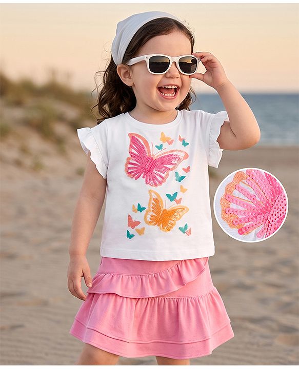 Babyhug 100% Cotton Single Jersey Knit Half Sleeves Top With Butterfly Print & Skirt - White & Pink