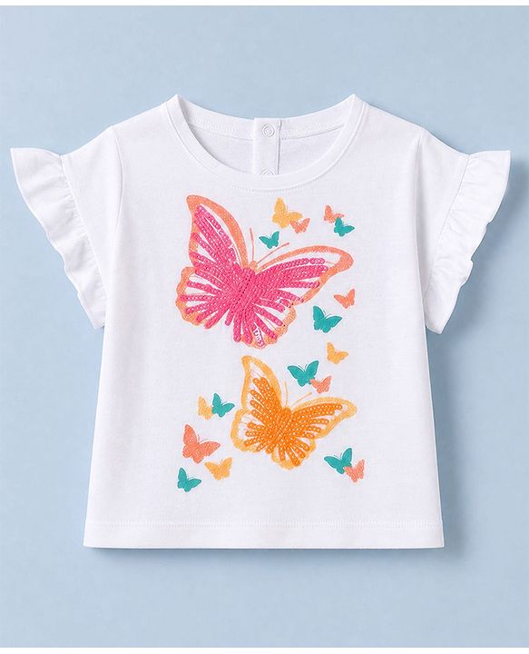 Babyhug 100% Cotton Single Jersey Knit Half Sleeves Top With Butterfly Print & Skirt - White & Pink