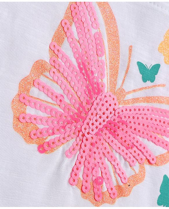 Babyhug 100% Cotton Single Jersey Knit Half Sleeves Top With Butterfly Print & Skirt - White & Pink