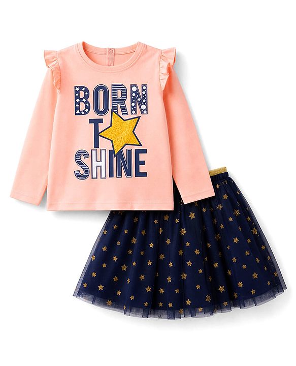 Babyhug Single Jersey Knit Full Sleeves Top & Skirt Set Star & Text Print - Pink & Navy Blue
