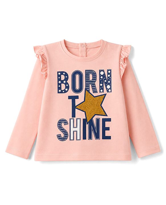 Babyhug Single Jersey Knit Full Sleeves Top & Skirt Set Star & Text Print - Pink & Navy Blue