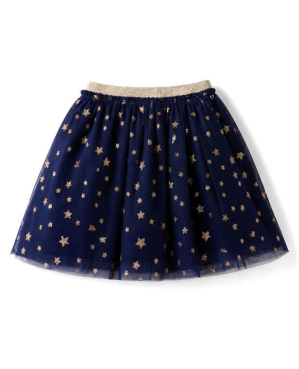 Babyhug Single Jersey Knit Full Sleeves Top & Skirt Set Star & Text Print - Pink & Navy Blue
