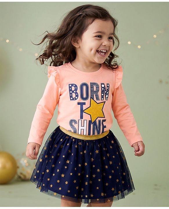 Babyhug Single Jersey Knit Full Sleeves Top & Skirt Set Star & Text Print - Pink & Navy Blue