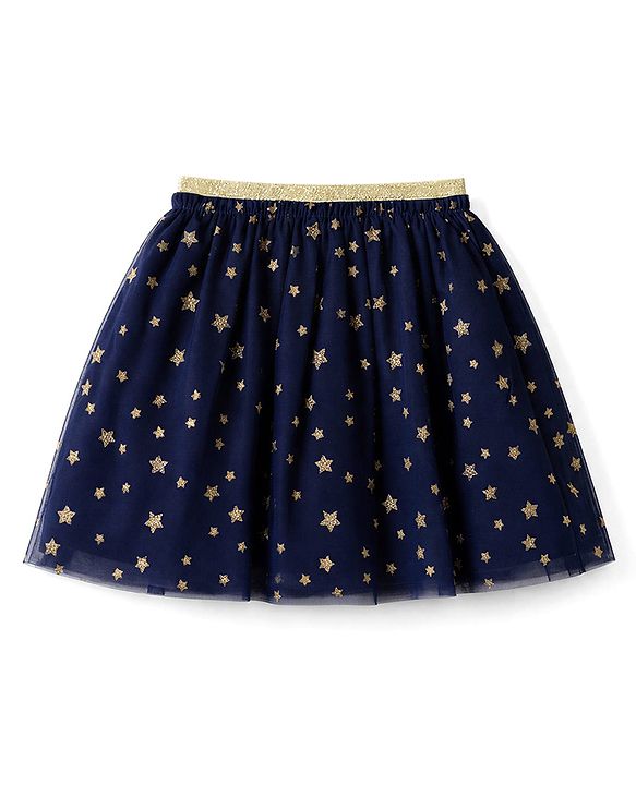 Babyhug Single Jersey Knit Full Sleeves Top & Skirt Set Star & Text Print - Pink & Navy Blue