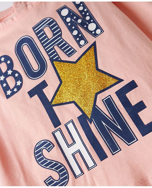 Babyhug Single Jersey Knit Full Sleeves Top & Skirt Set Star & Text Print - Pink & Navy Blue