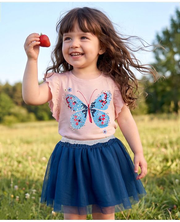 Babyhug 100% Cotton Single Jersey Knit Sleeveless Butterfly Printed & Sequinned Top & Skirt Set - Peach & Navy Blue