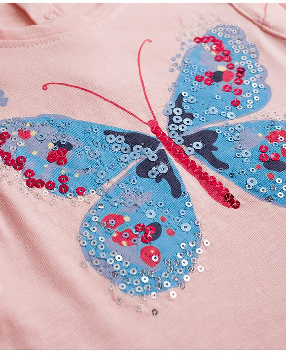 Babyhug 100% Cotton Single Jersey Knit Sleeveless Butterfly Printed & Sequinned Top & Skirt Set - Peach & Navy Blue