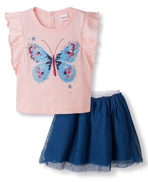 Babyhug 100% Cotton Single Jersey Knit Sleeveless Butterfly Printed & Sequinned Top & Skirt Set - Peach & Navy Blue