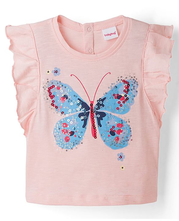 Babyhug 100% Cotton Single Jersey Knit Sleeveless Butterfly Printed & Sequinned Top & Skirt Set - Peach & Navy Blue