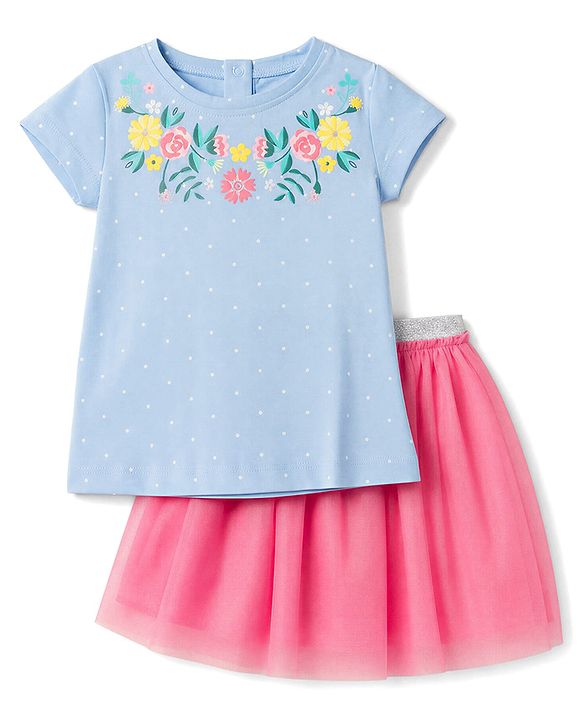 Babyhug Single Jersey Knit Half Sleeves Top & Skirt Set Floral Print - Pink & Blue