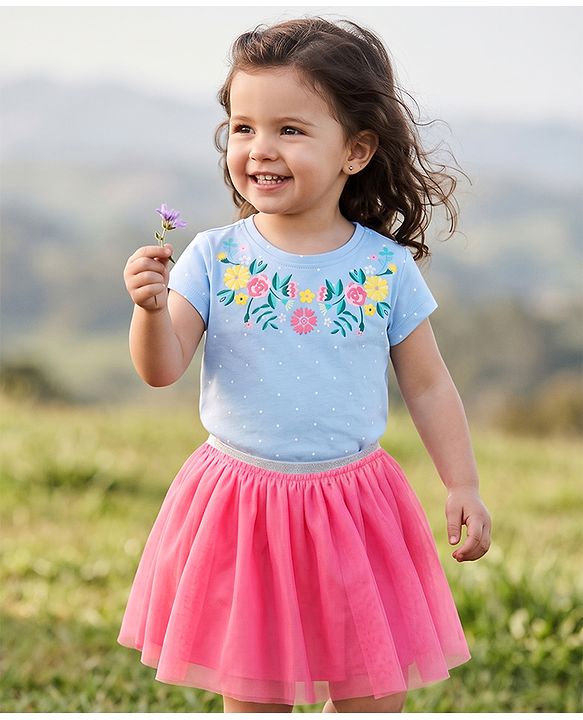 Babyhug Single Jersey Knit Half Sleeves Top & Skirt Set Floral Print - Pink & Blue