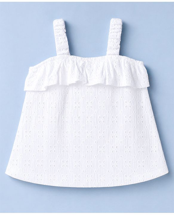 Babyhug Single Jersey Knit Sleeveless Schiffli Top & Pom Pom Lace Layered Skirt Set Floral Print - White & Yellow