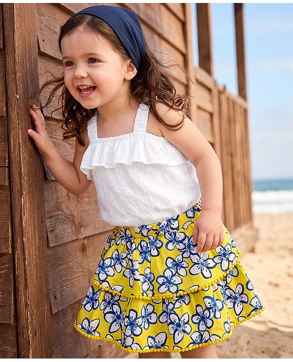 Babyhug Single Jersey Knit Sleeveless Schiffli Top & Pom Pom Lace Layered Skirt Set Floral Print - White & Yellow