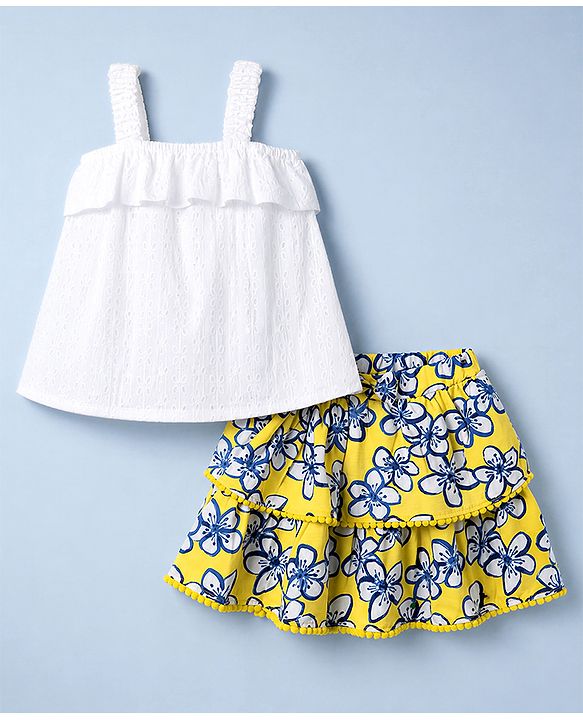Babyhug Single Jersey Knit Sleeveless Schiffli Top & Pom Pom Lace Layered Skirt Set Floral Print - White & Yellow