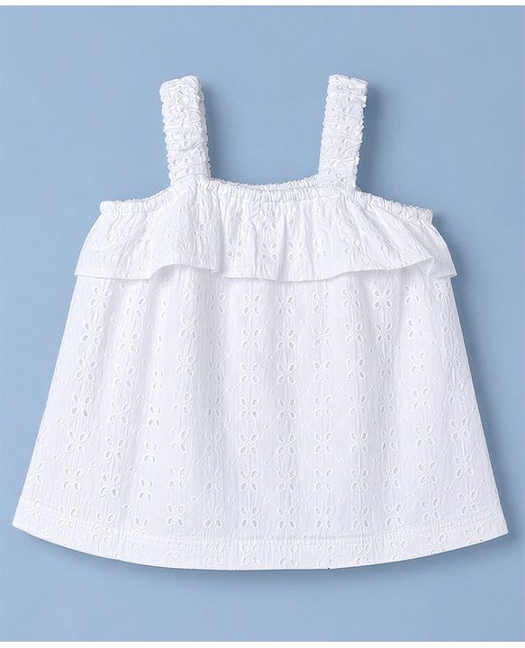 Babyhug Single Jersey Knit Sleeveless Schiffli Top & Pom Pom Lace Layered Skirt Set Floral Print - White & Yellow