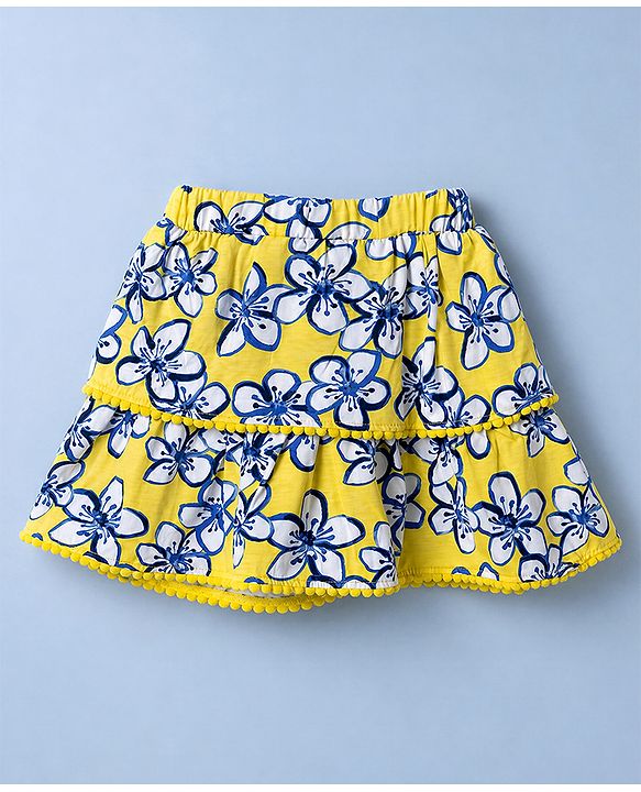 Babyhug Single Jersey Knit Sleeveless Schiffli Top & Pom Pom Lace Layered Skirt Set Floral Print - White & Yellow
