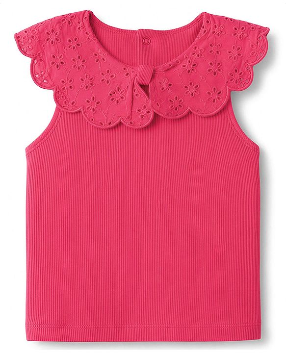 Babyhug Single Jersey Knit Sleeveless Schiffli Collar Ribbed Top & Floral Printed Layered Skirt Set - Red