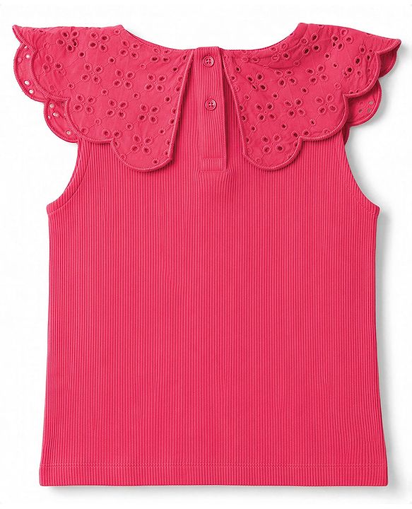 Babyhug Single Jersey Knit Sleeveless Schiffli Collar Ribbed Top & Floral Printed Layered Skirt Set - Red