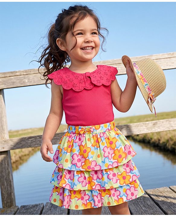 Babyhug Single Jersey Knit Sleeveless Schiffli Collar Ribbed Top & Floral Printed Layered Skirt Set - Red