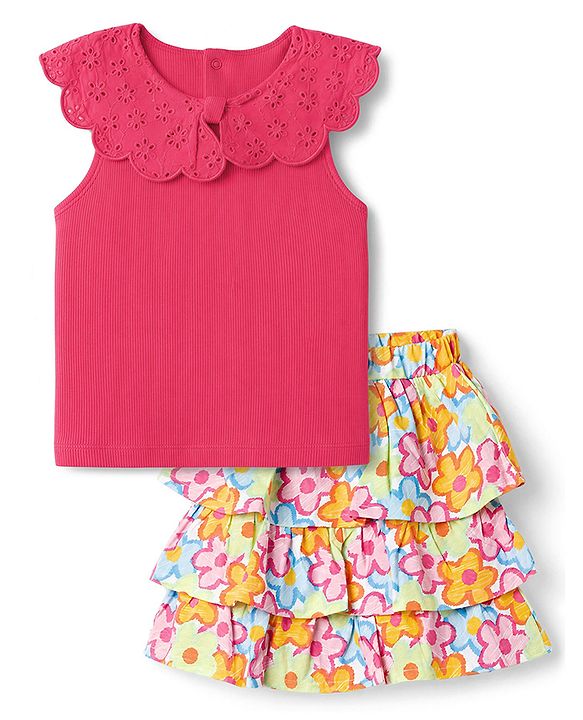 Babyhug Single Jersey Knit Sleeveless Schiffli Collar Ribbed Top & Floral Printed Layered Skirt Set - Red