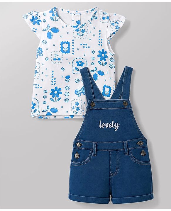 Babyhug 100% Cotton Single Jersey Knit Cap Sleeves Tropical Theme Printed & Lovely Embroidered Dungaree Set - White & Navy Blue