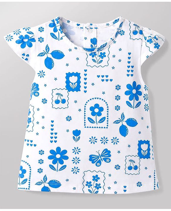 Babyhug 100% Cotton Single Jersey Knit Cap Sleeves Tropical Theme Printed & Lovely Embroidered Dungaree Set - White & Navy Blue