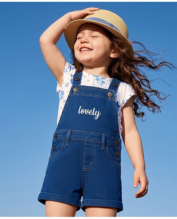 Babyhug 100% Cotton Single Jersey Knit Cap Sleeves Tropical Theme Printed & Lovely Embroidered Dungaree Set - White & Navy Blue