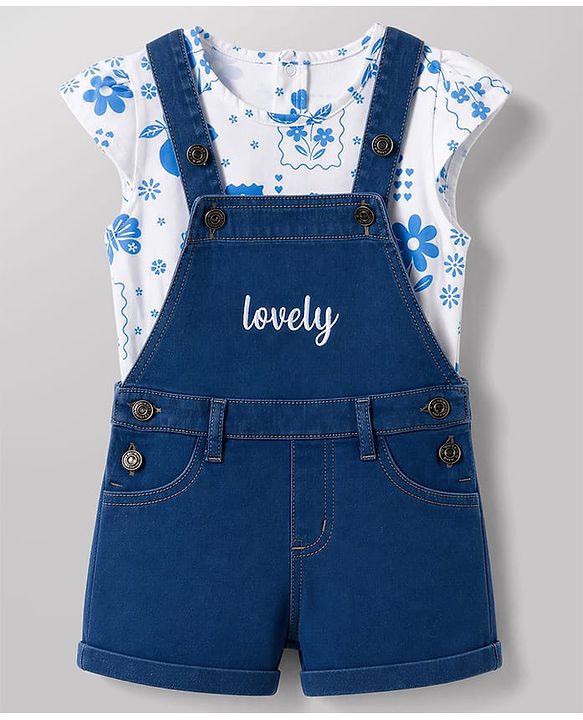 Babyhug 100% Cotton Single Jersey Knit Cap Sleeves Tropical Theme Printed & Lovely Embroidered Dungaree Set - White & Navy Blue